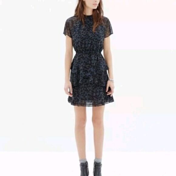 Madewell Radiant Dress Inkspot Leopard Tiered Short‎ Sleeve Animal Print … - Picture 1 of 10